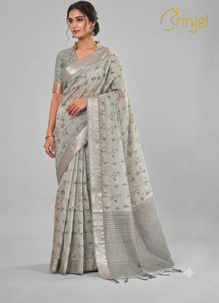 Off-White & Mint Green Linen Slub Saree with Gold Zari Border