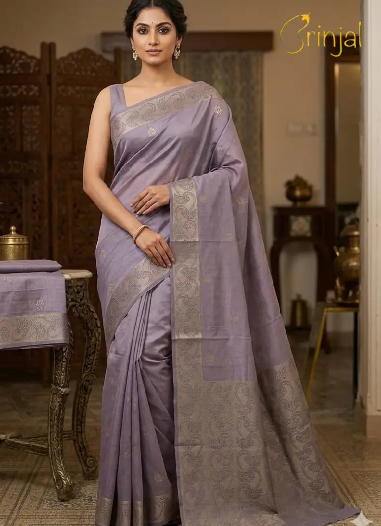 Sage Green Chanderi-Tussar Silk Saree with Zari Border