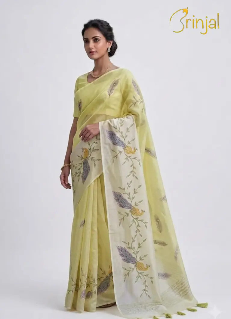 Mustard Katai Silk Saree with Off-White Border