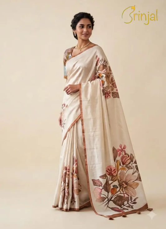 Floral Printed Tussar Silk Saree