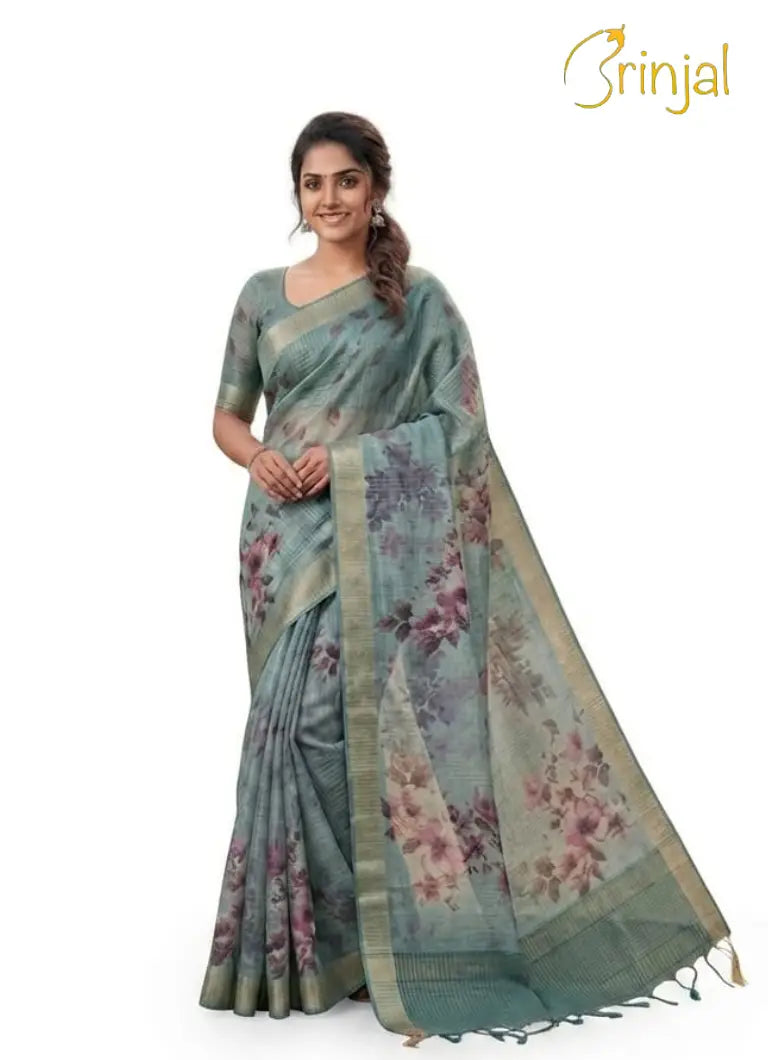 Lavender Floral Print Organza Silk Saree with Zari Border
