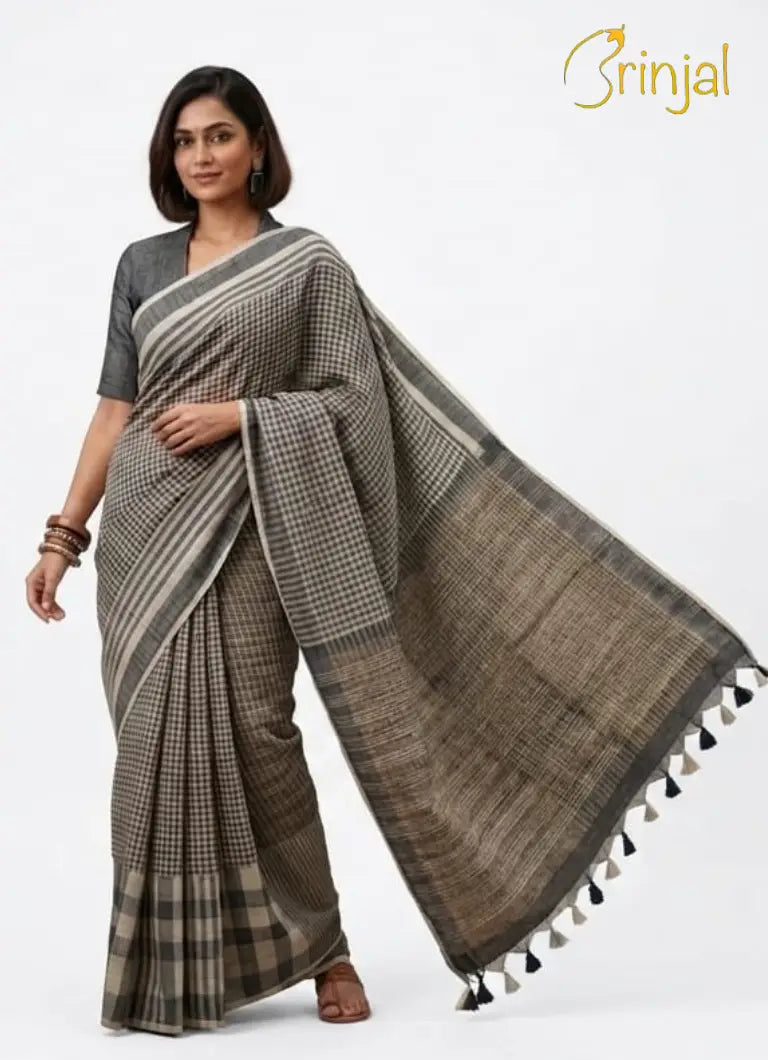 Silver Grey Striped Chanderi Tussar Saree