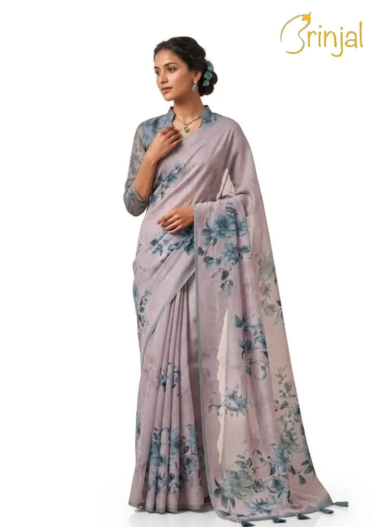 Floral Print Chanderi Cotton Saree - Sky Blue