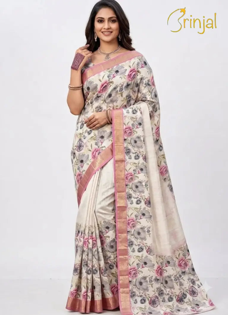 Floral Print Ivory Tussar Saree with Purple Zari Border