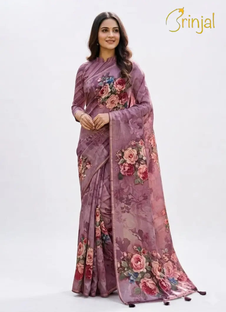 Grey Floral Printed Cotton Saree