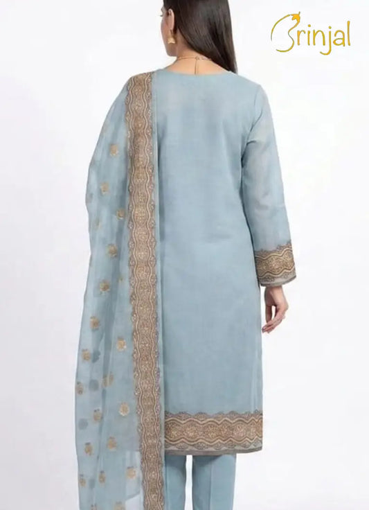 Brinjal Powder Blue Embroidered Cotton Silk 3-Piece Suit