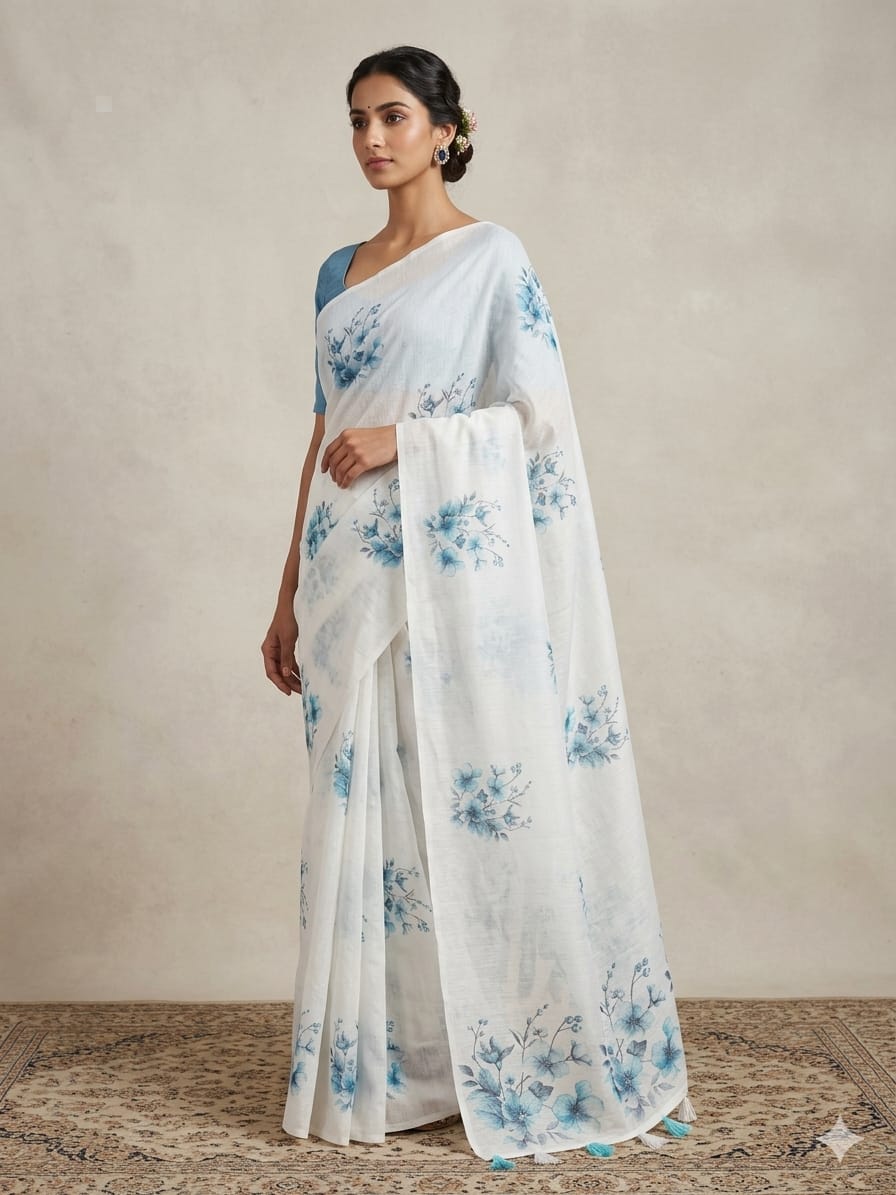 Sky Blue Flower Patterned Linen Slub Saree with Tassels