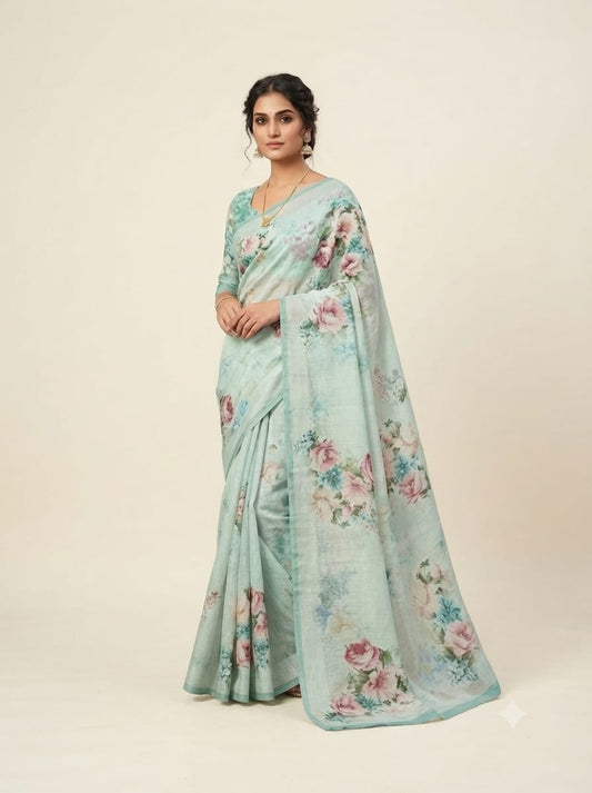Pastel Floral Printed Chanderi Tussar Saree