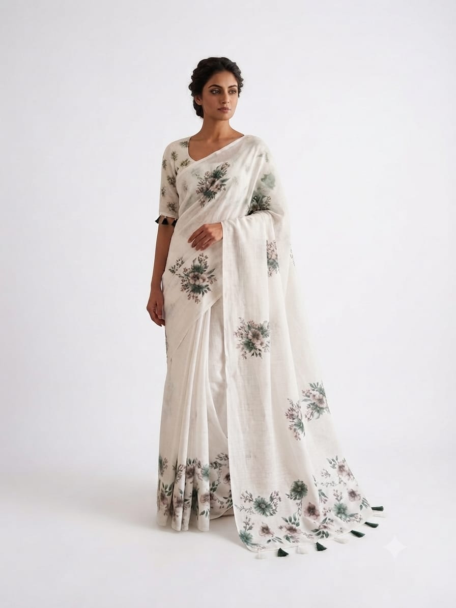 Floral Linen Slub Saree