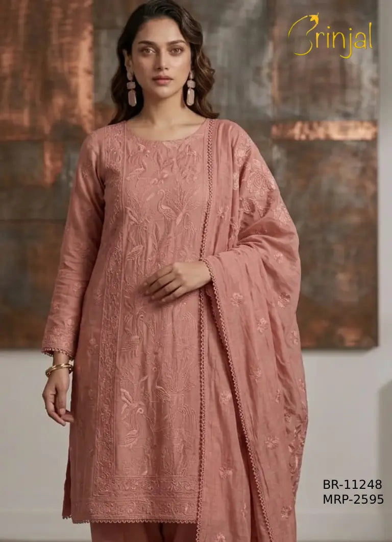 Brinjal Delicate Embroidered Unstitched Suit Set – Dusty Rose