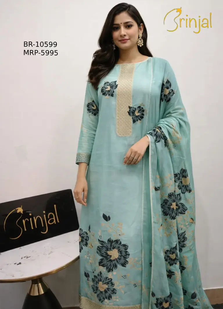 Brinjal Pastel Mint Floral weaving Unstitched Suit Set