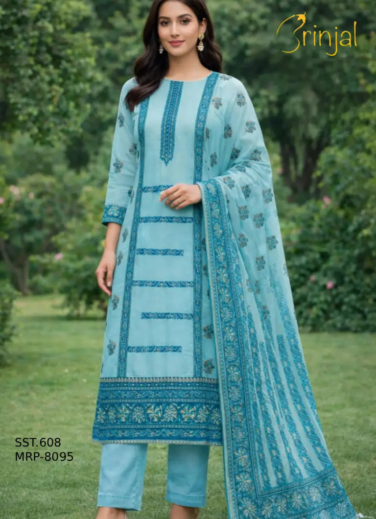 BRINJAL Sky Blue Cotton Silk Unstitched Suit