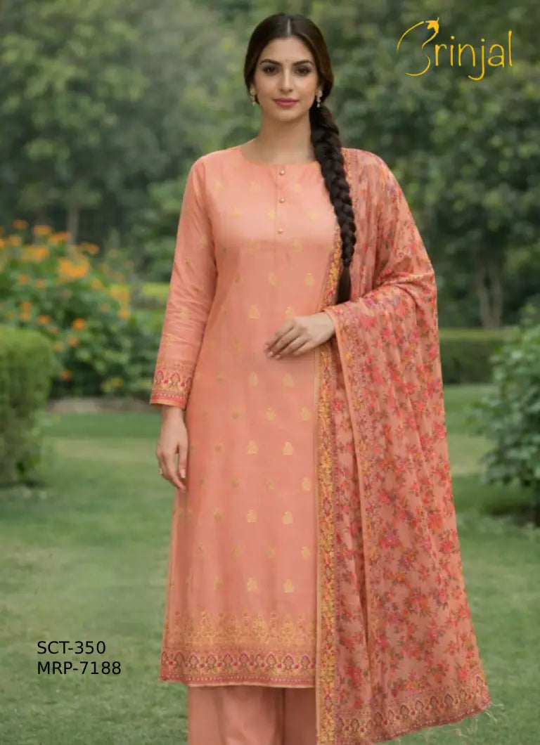 BRINJAL Peach Cotton Silk Unstitched Suit Set