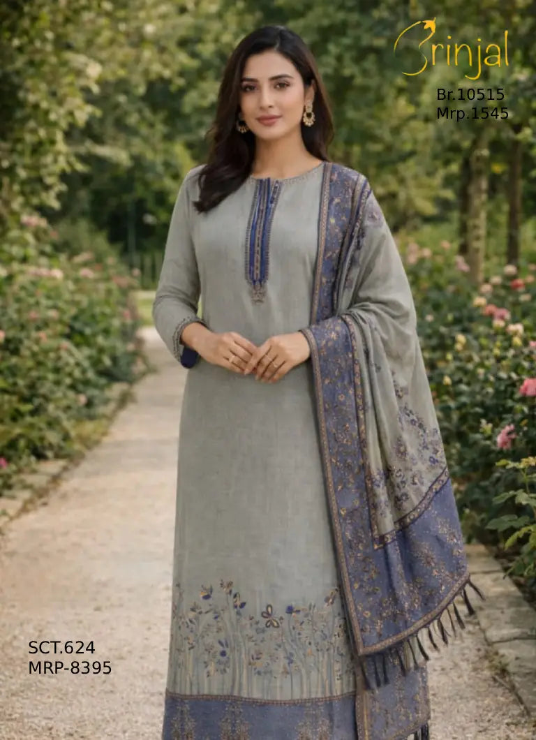 Grey & Blue Cotton Silk Suit Set