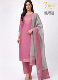 Rose Pink & Silver Grey Woven Chanderi Silk Suit Set