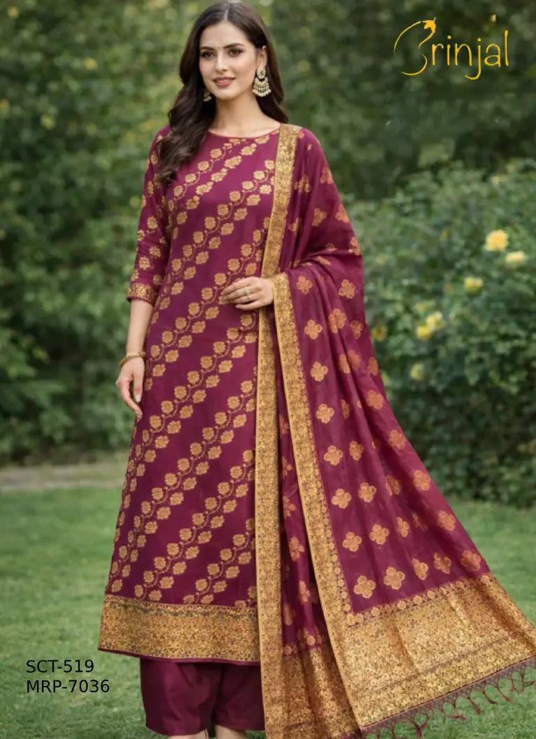 BRINJAL Premium Hand-Woven Wine Silk Unstitched Suit Set