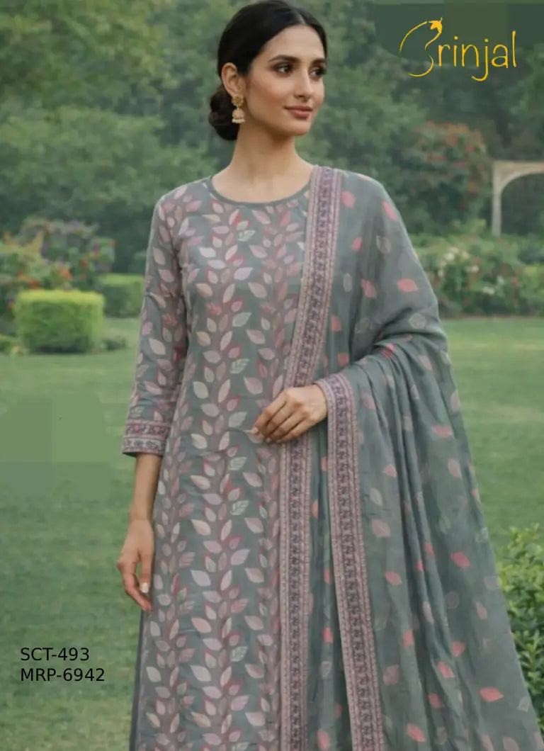 Elegant Grey Leaf Print Cotton Silk Suit Set