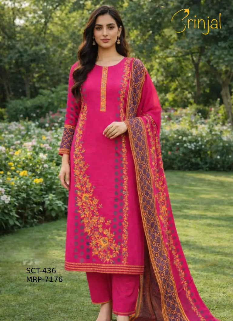Brinjal Cotton Silk Floral Suit Set