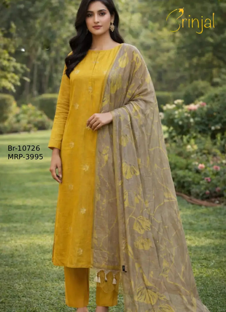 Brinjal Mustard Yellow Self-Weaving Suit Set