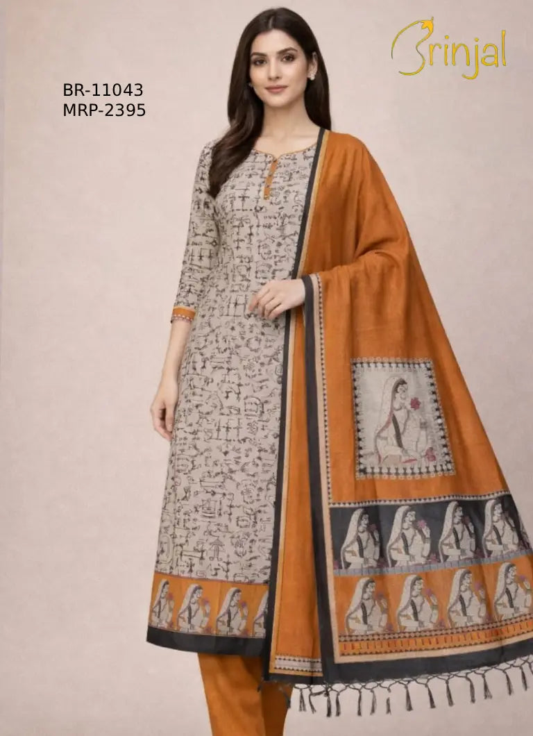 Heritage Art Inspired Printed Suit Set with Tasseled Dupatta