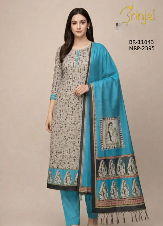 Beige & Turquoise Mughal-Inspired Printed Cotton Kurta Set