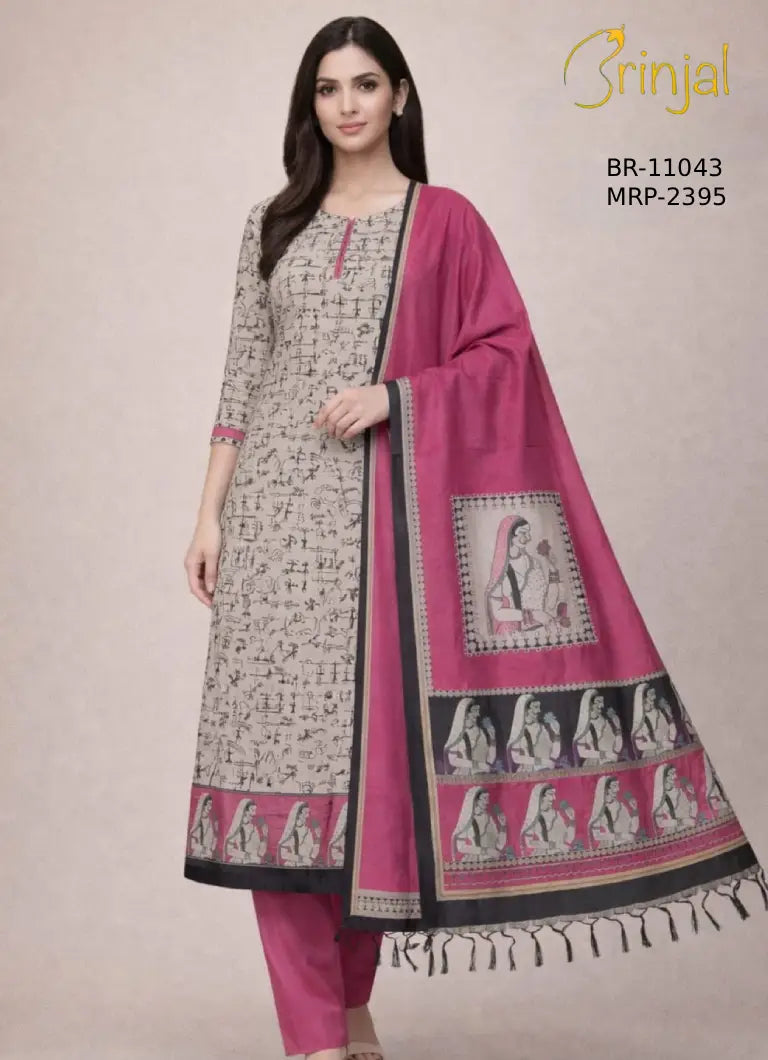 Brinjal Madhubani Art Inspired Premium Unstitched Suit