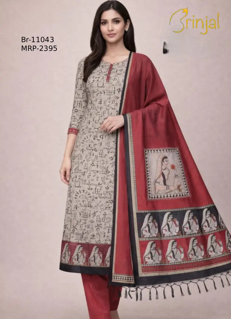 Brinjal Traditional Art Handprint Unstitched Suit