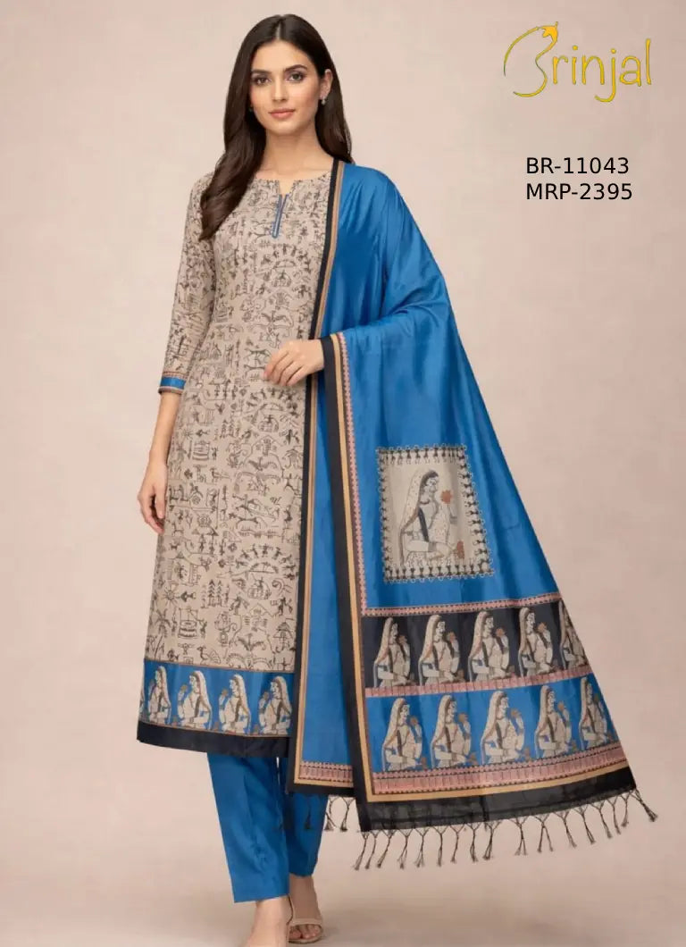 Brinjal Folk Art Print Premium Suit Set