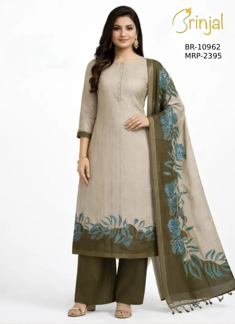 Brinjal Olive Green Floral Print Unstitched Suit Set