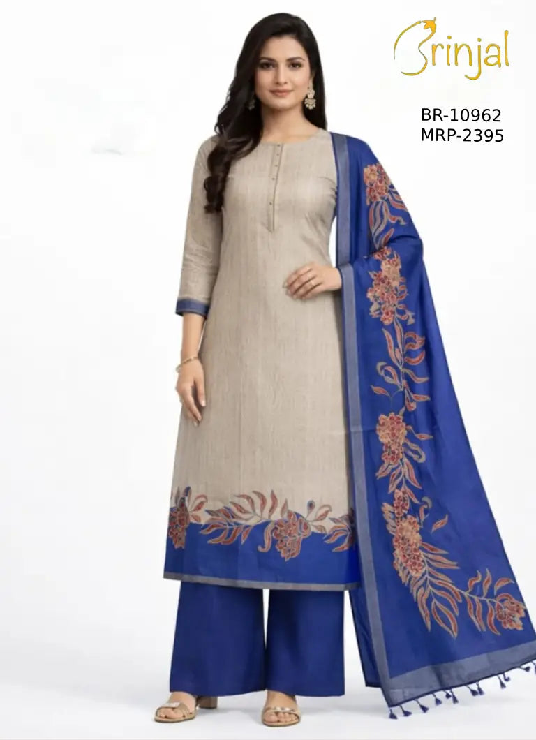 Brinjal Elegant Beige & Royal Blue Printed Unstitched Suit