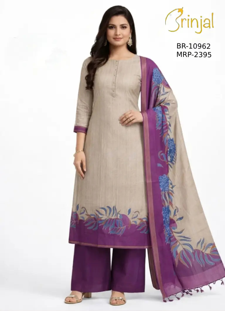 Brinjal Classic Beige & Purple Premium Unstitched Floral Suit Set