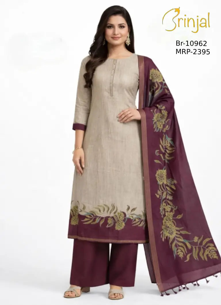 Beige & Plum Printed Cotton Kurta Set