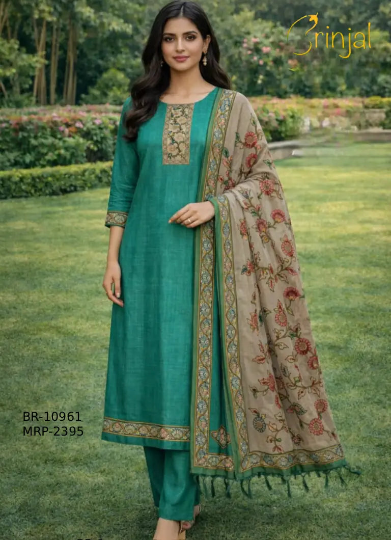 Brinjal Elegant Teal Green Floral Printed Suit Set
