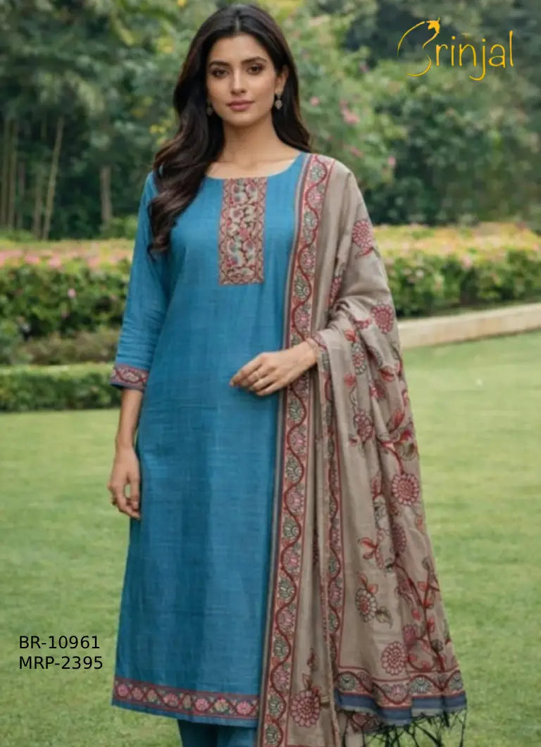 Teal Blue Cotton Slub Printed Suit Set