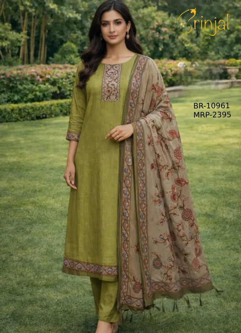 Brinjal Elegant Olive Green Printed Suit