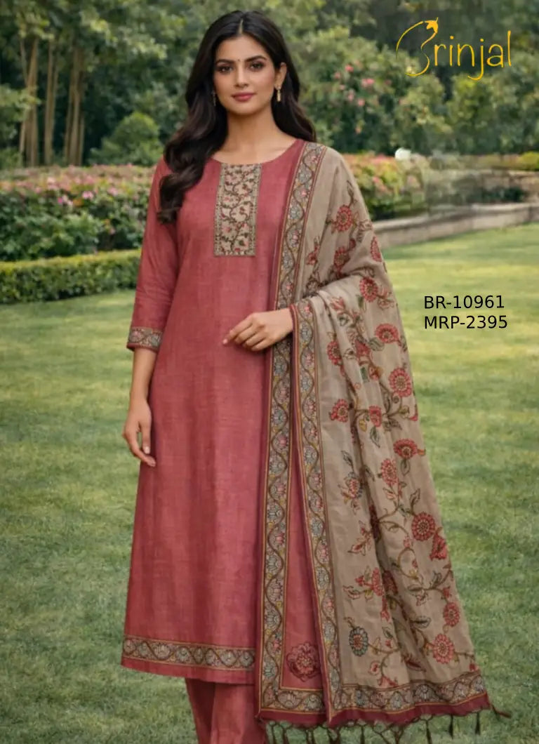 Brinjal Floral Kashmiri Border Unstitched Suit Set