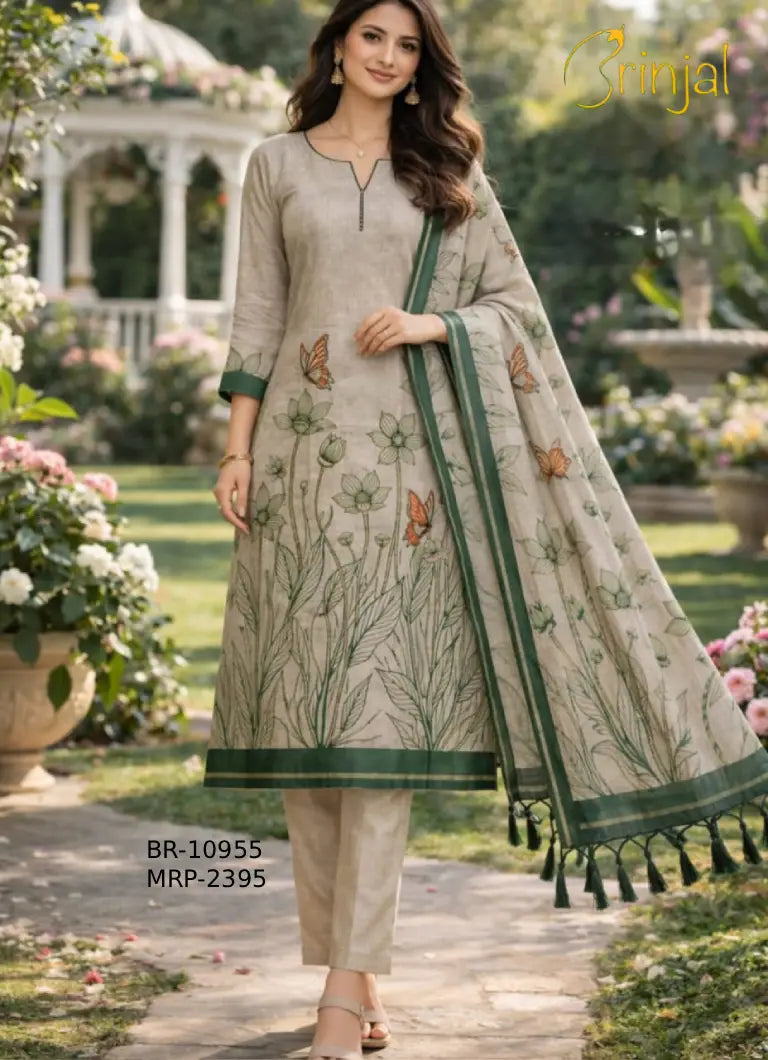 Brinjal Elegant Botanical Print Linen Suit