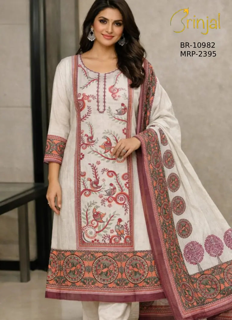 Brinjal Artisanal Kalamkari Printed Unstitched Suit Set