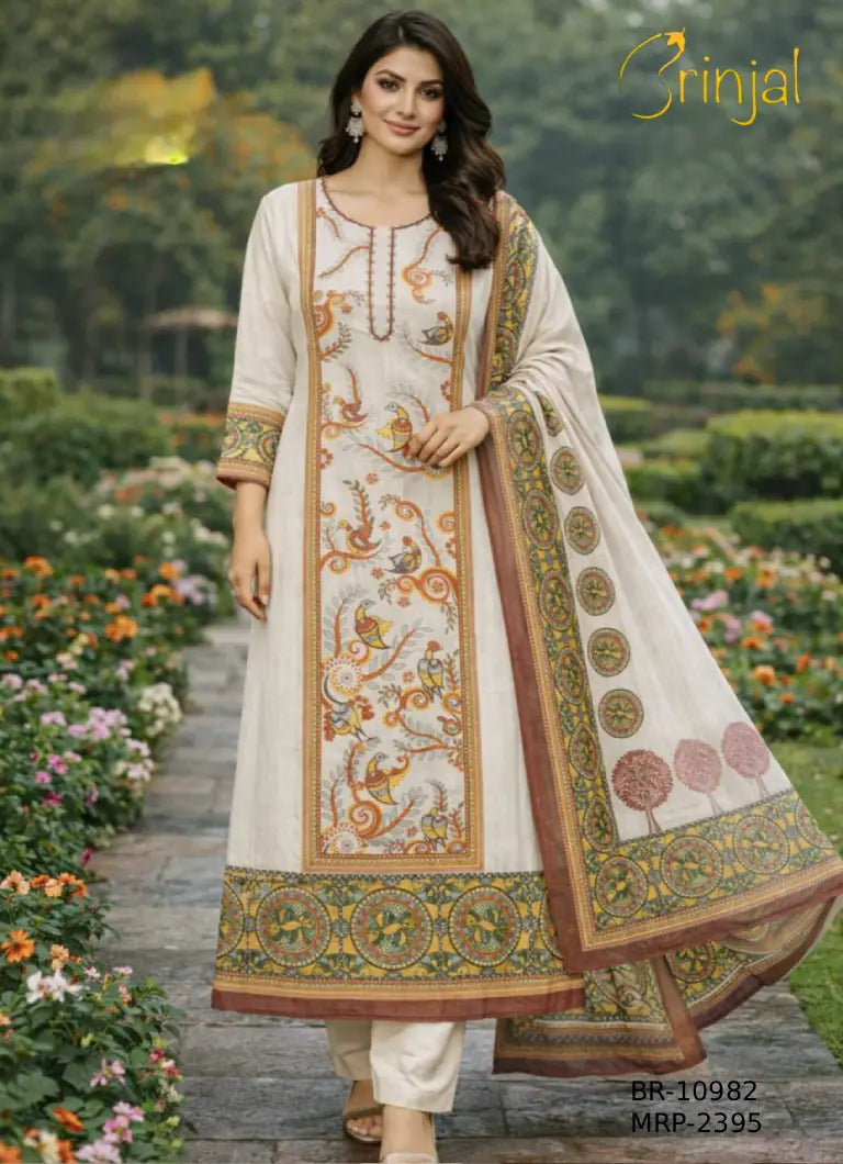 BRINJAL Kalamkari Print Premium Unstitched Suit Set