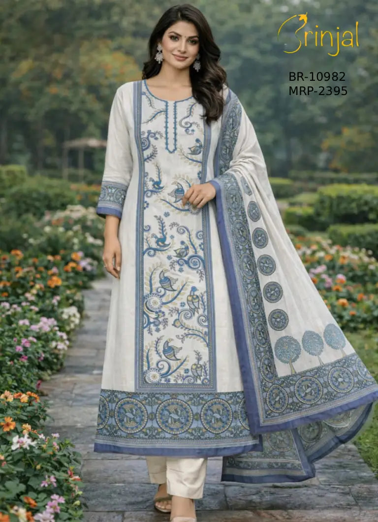 Ivory & Blue Kalamkari Print Unstitched Suit Set