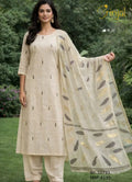 Beige Embroidered Linen Suit Set with Foil Print Dupatta