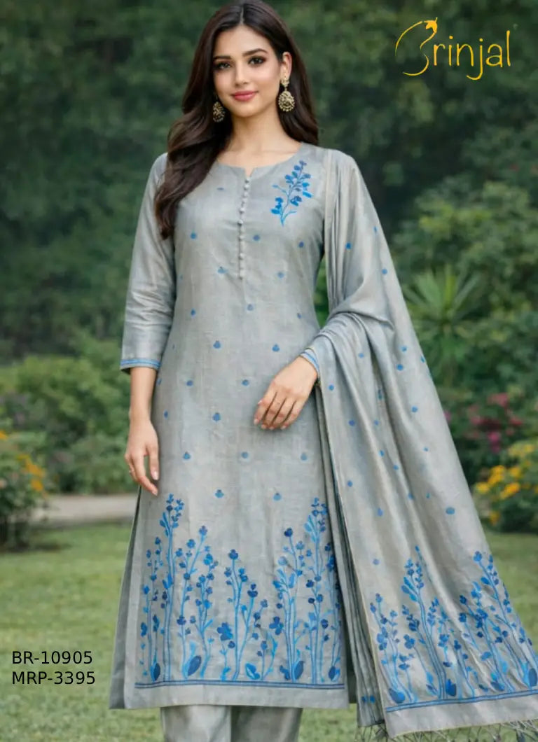 Brinjal Tussar Silk Embroidered Suit Set