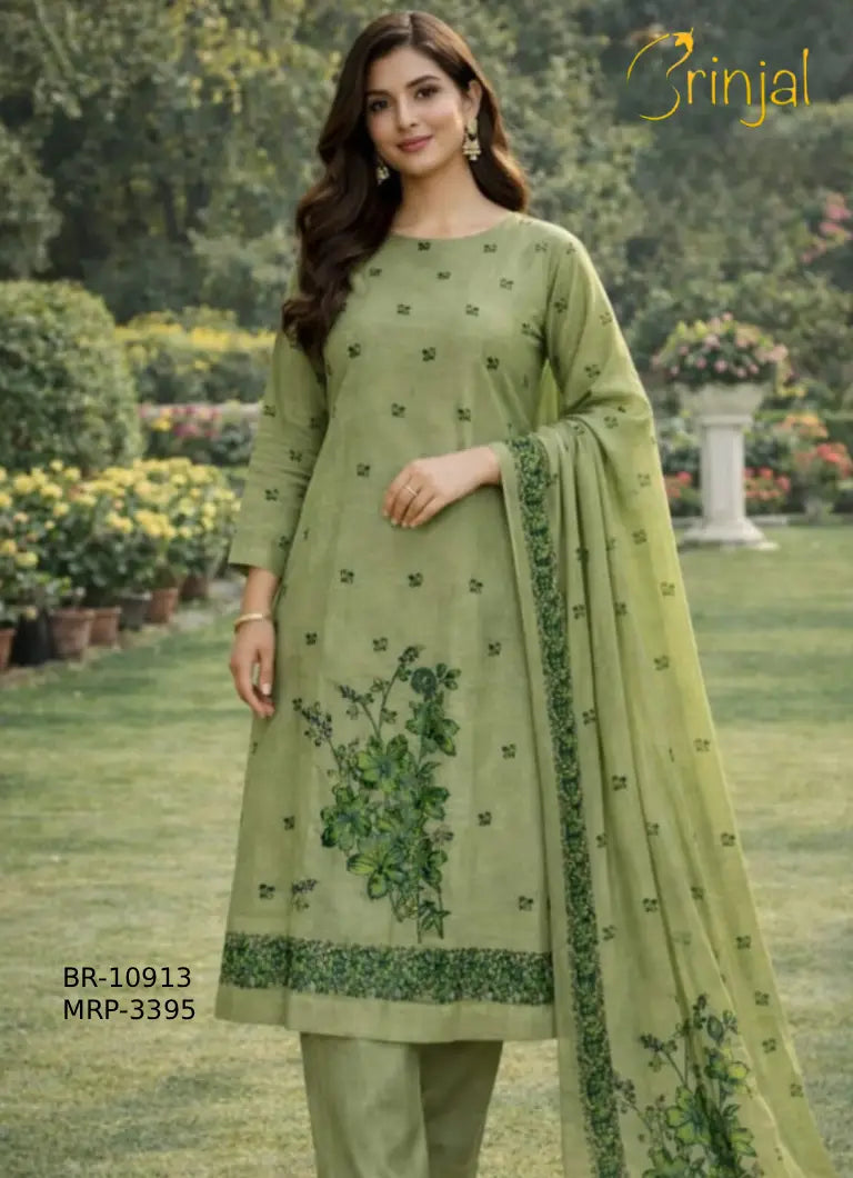 Sage Green Floral Embroidered Tussar Silk Unstitched Suit Set