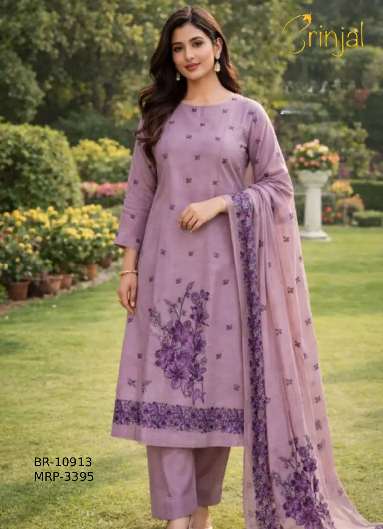 Elegant Lilac Tussar Silk Unstitched Suit with Floral