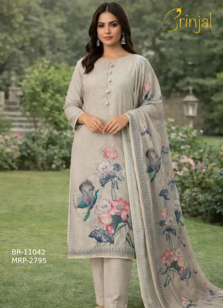 Brinjal Floral Peacock Embroidered Suit
