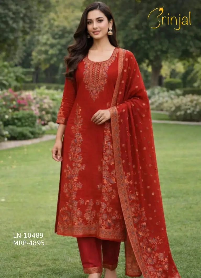 Brinjal Classic Red Linen Suit Set