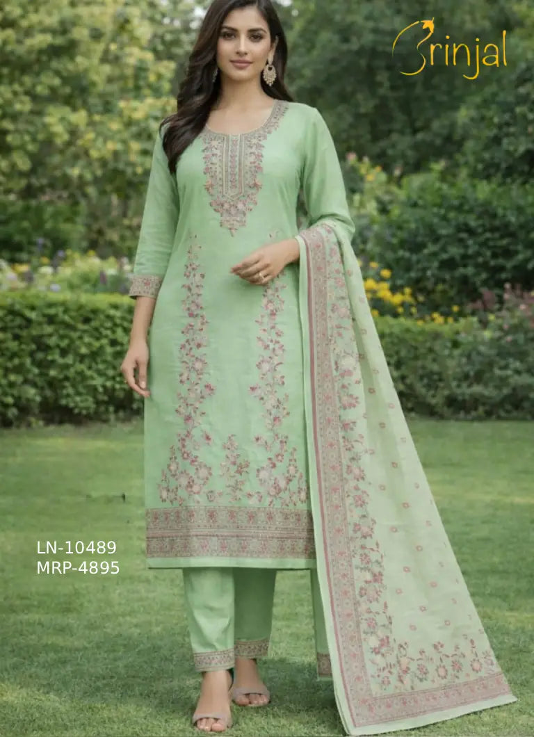 Pastel Green Linen Unstitched Suit set