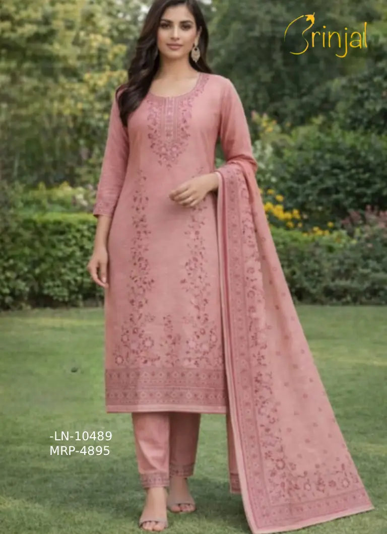 Premium Pure Linen Unstitched Suit Set – Dusty Rose