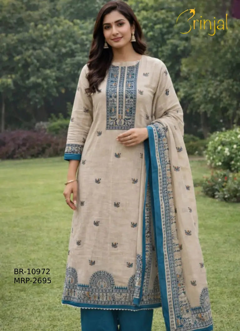 BRINJAL Premium Linen Embroidered Suit Set