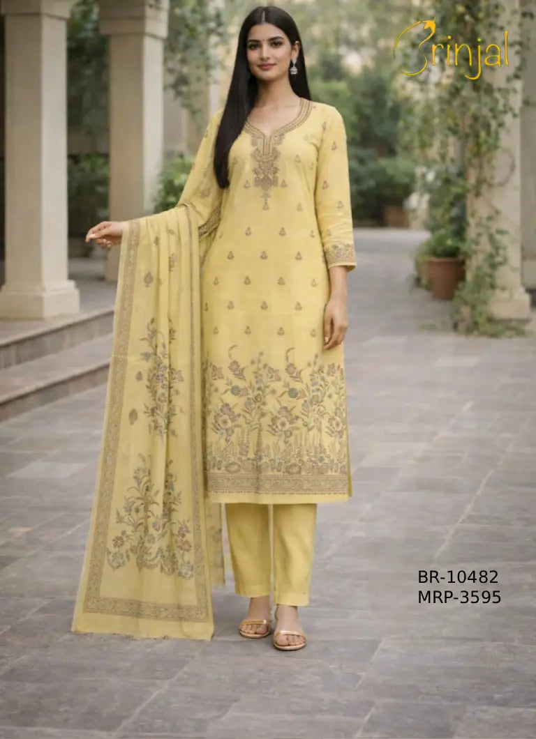 Elegant Pastel Yellow Pure Cotton Suit Set
